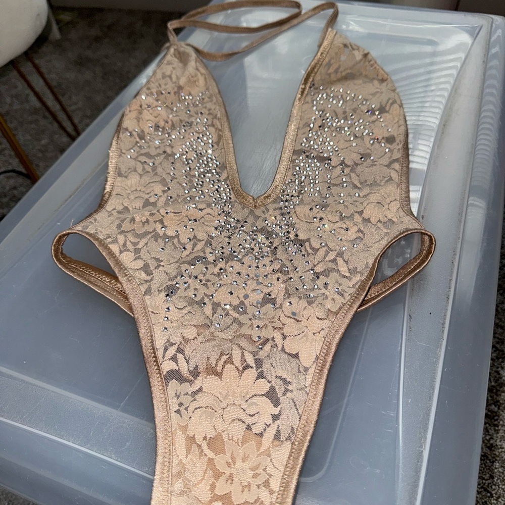Beige Lace Bodysuit with Rhinestones